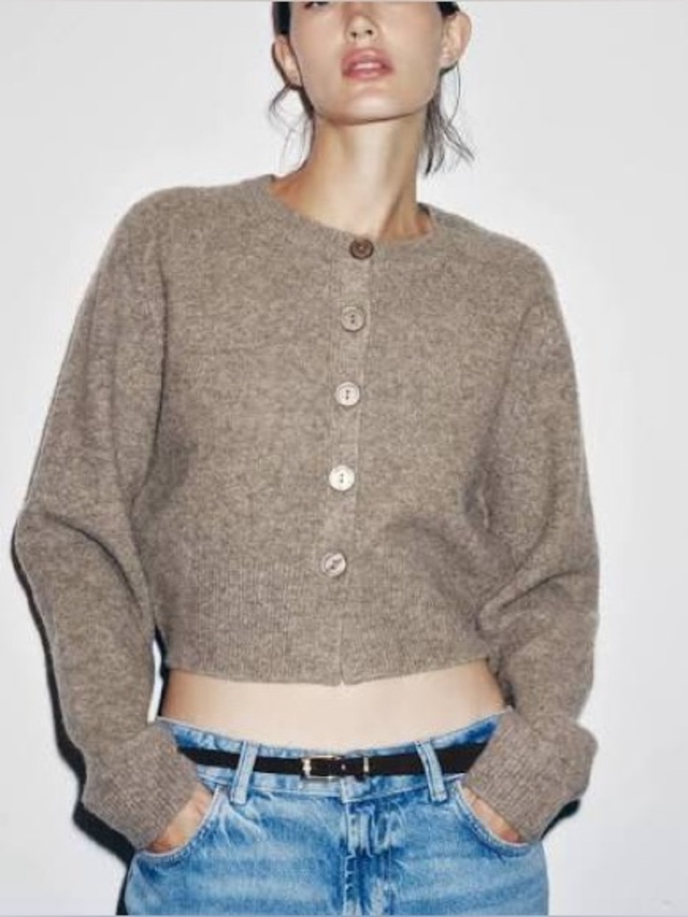 Zara Soft Cardigan Taupe Brown Cropped Button Knit Sweater Sz L